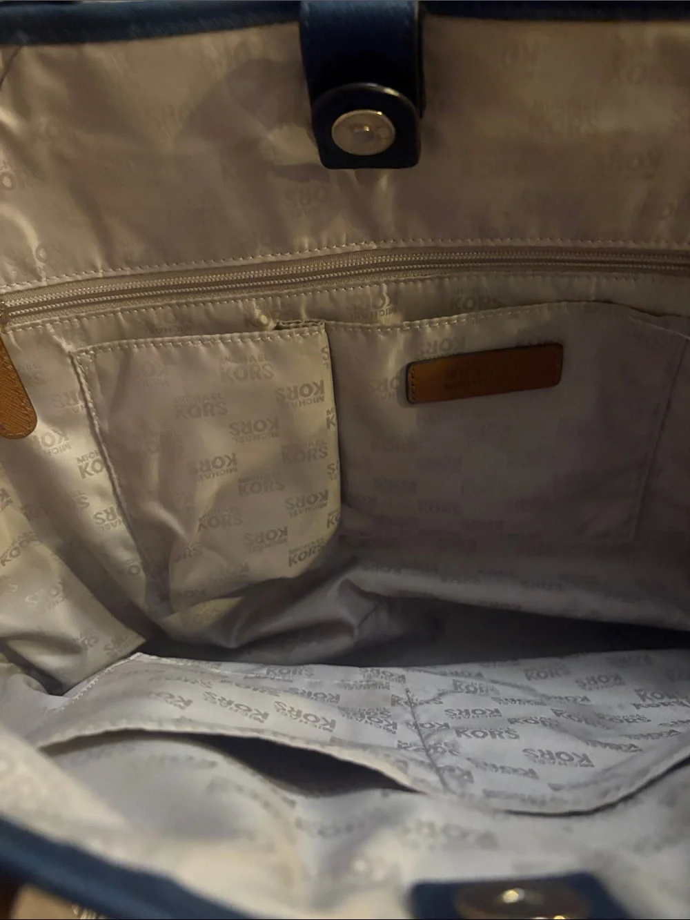 Michael Kors Navy and White Striped Shoulder Tote with Brown Handle